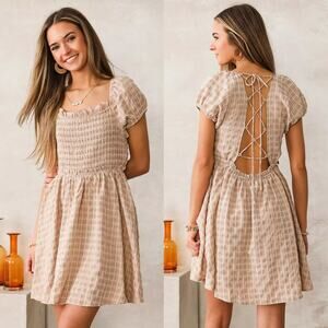 Mable Womens Plaid Back Lace Up Dress Size Medium Brown Puff Sleeve‎ Smocked